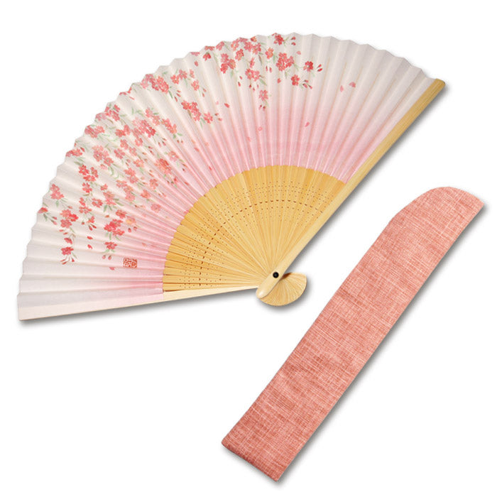 紙扇子 「白竹 しだれ桜」 差し袋セット