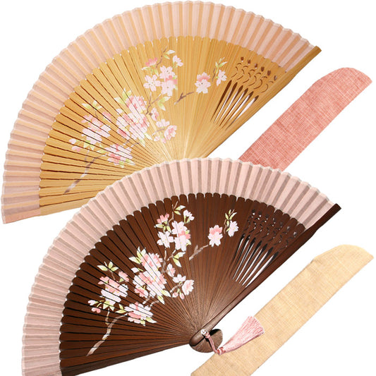 Fabric Folding Fan "Ouka Ranman" (Cherry Blossoms in Full Bloom) with Carrying Pouch