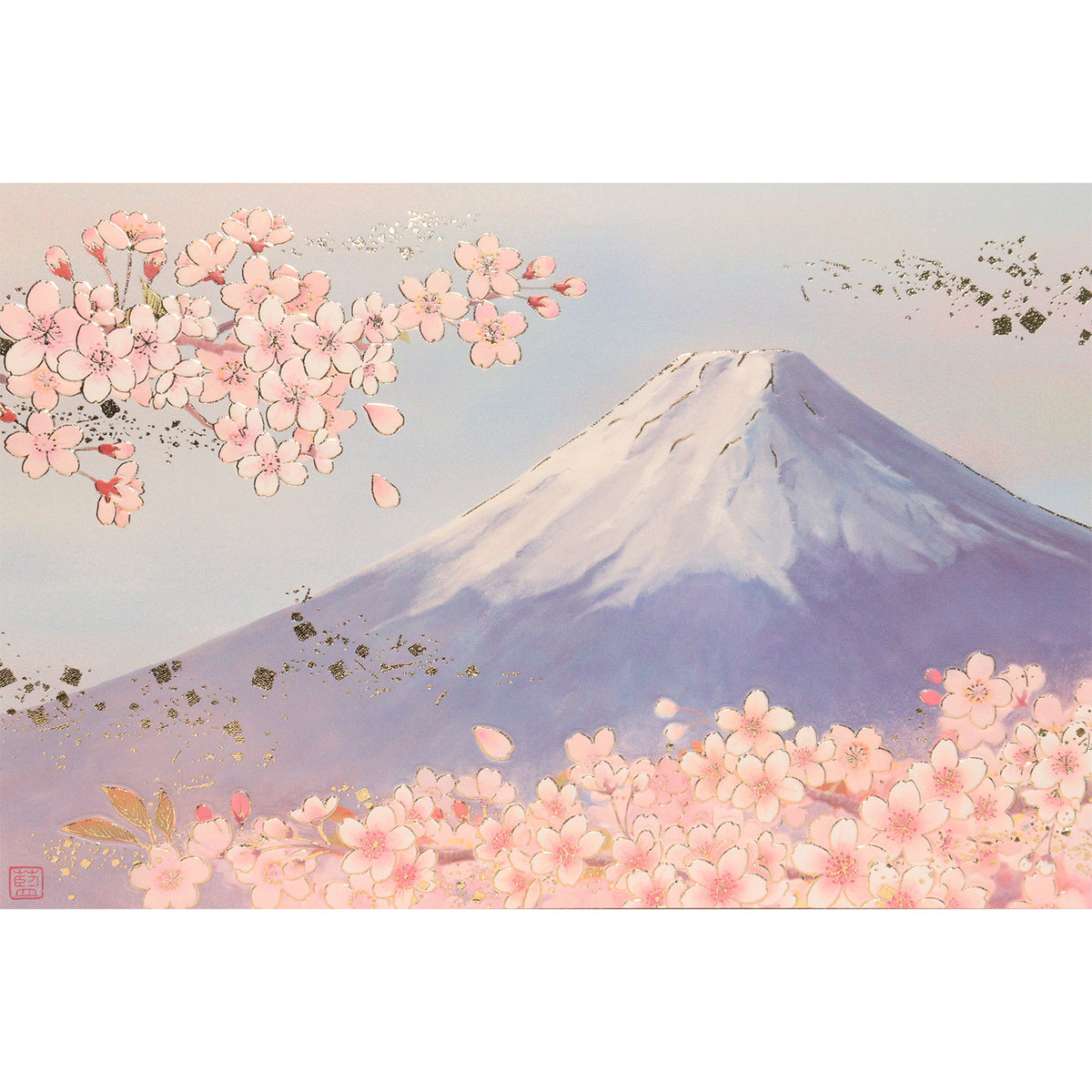 クリスマスカード 和風 「桜吹雪に霞富士」 （5枚セット）C07-0043