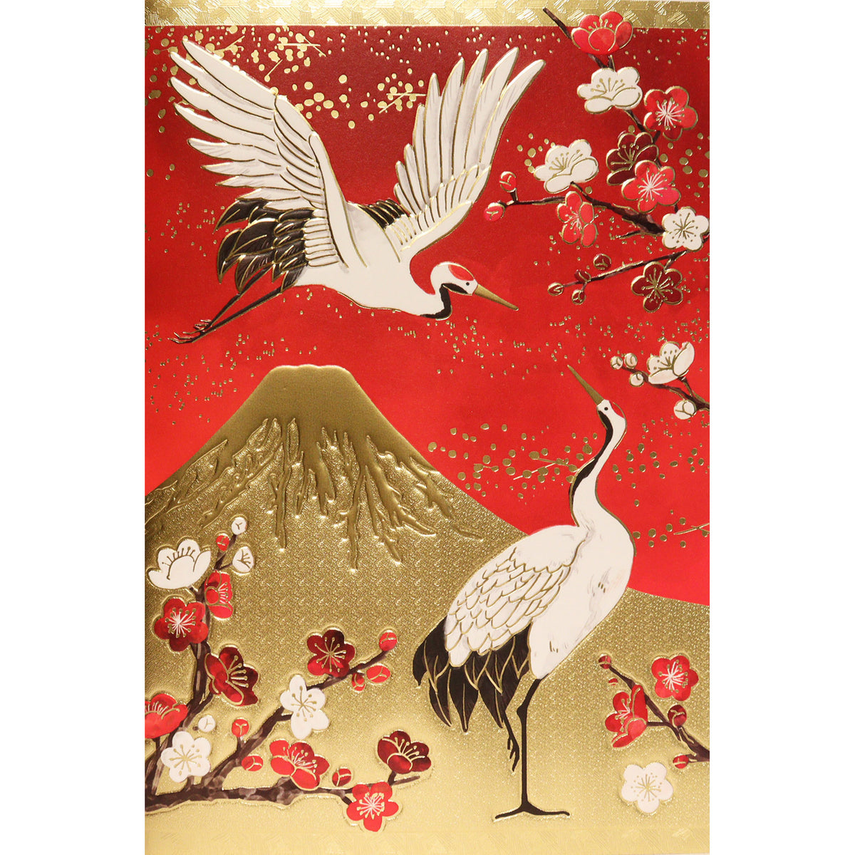 クリスマスカード 和風 「二羽の鶴と金箔富士」 （5枚セット）C07-0044