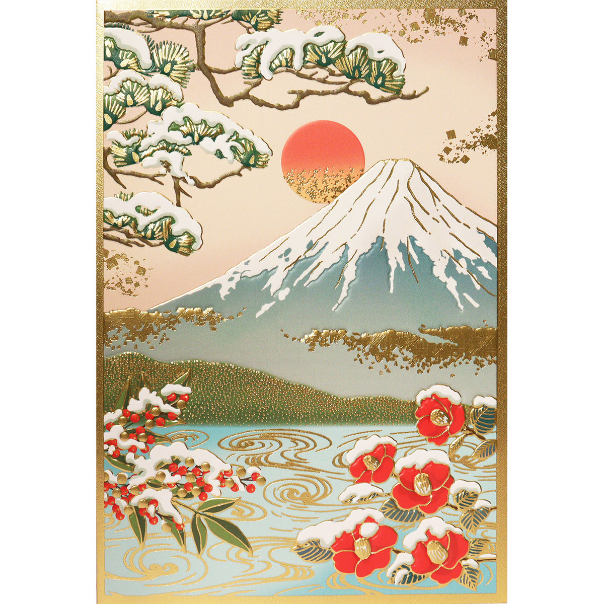 クリスマスカード 和風 「雪景色に富士椿」 （5枚セット）CB07-0055