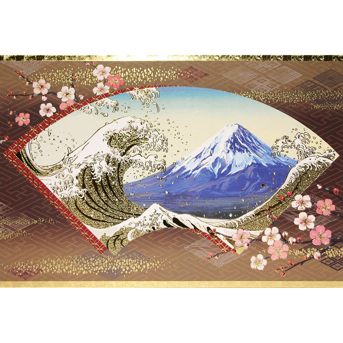 クリスマスカード 和風 「扇子窓から金波と富士山」 （5枚セット）C07-0009