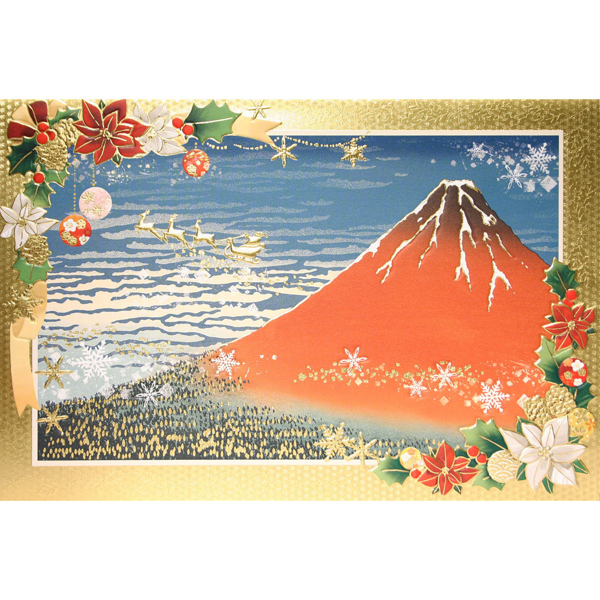 クリスマスカード 和風 「赤富士とメリークリスマス」 （5枚セット）C07-0013