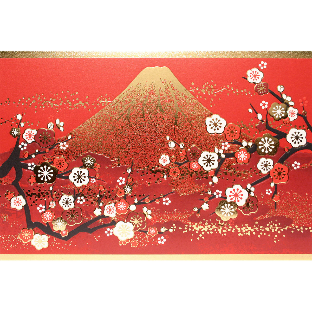 クリスマスカード 和風 「夕焼霞み金箔富士と梅」 （5枚セット）C07-0017